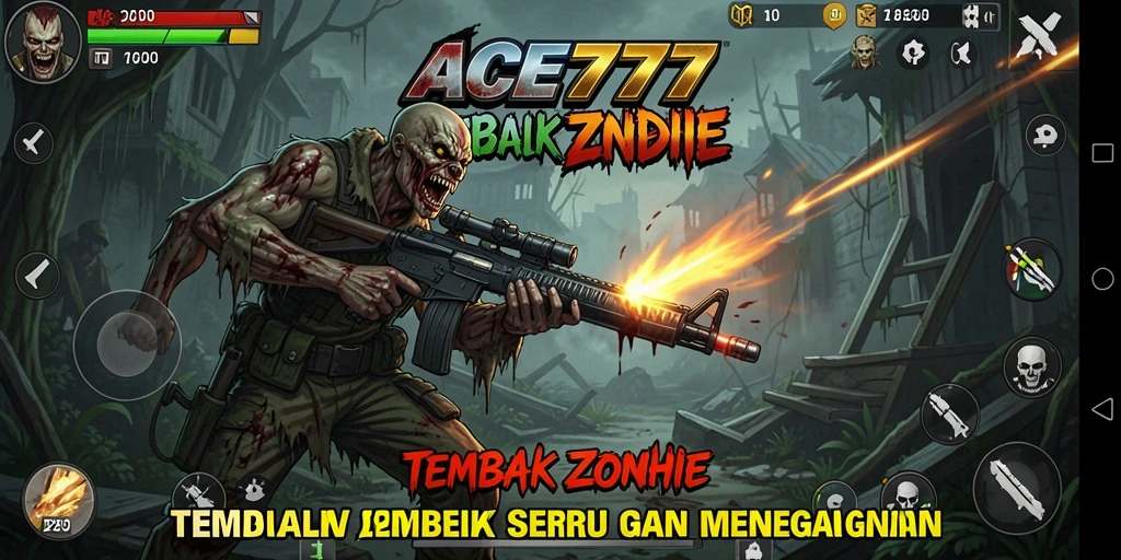 Antarmuka permainan ACE777 dengan fokus pada aksi tembak zombie.