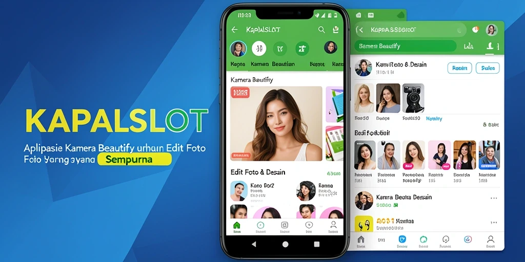 Screenshot utama KAPALSLOT menunjukkan antarmuka pengeditan yang intuitif dan fitur Kamera Beautify.