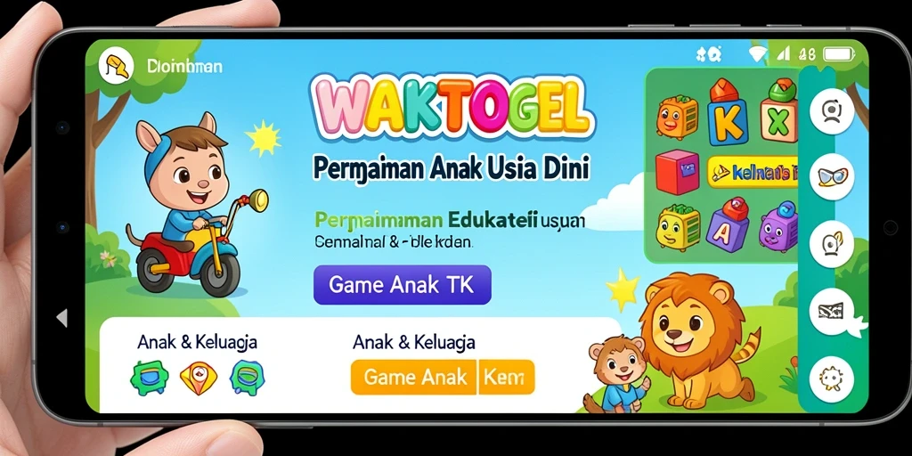 Antarmuka menarik dari aplikasi WAKTOGEL untuk permainan edukatif anak.
